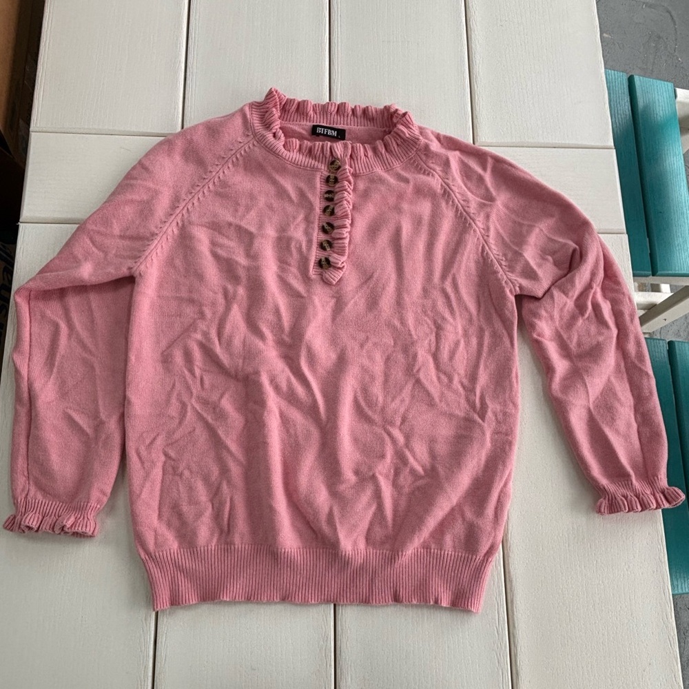 BTFBM Pink sweater with buttons and ruffle neck and sleeve